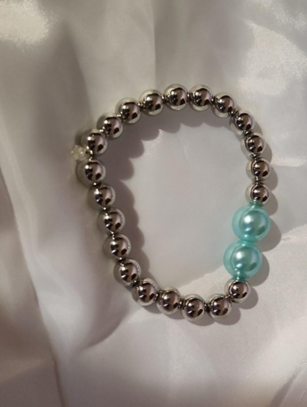 Hand Crafted Silver Bead Bracelet with Aqua Accent Pearls